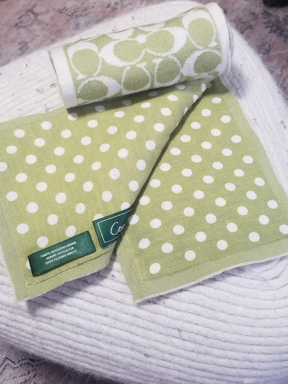 Coach Light Green and White Polka Dot Accent Scarf